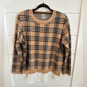 ANNE KLEIN Tan-black plaid preppy quiet luxury stretch classic sweater blouse XL